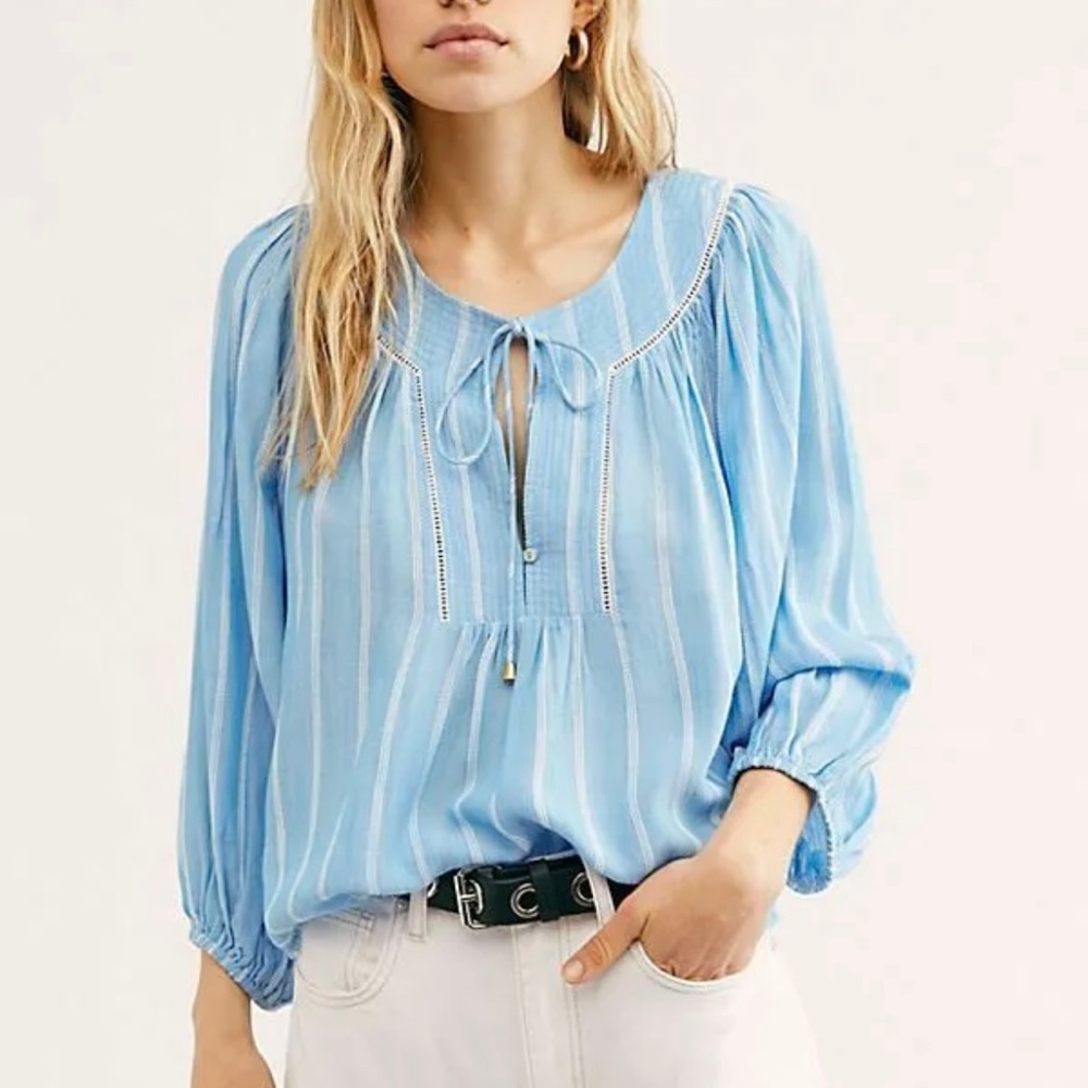 Free People Wrapped In Rhythm Blouse Striped Pattern Crochet Tie Top Blue S